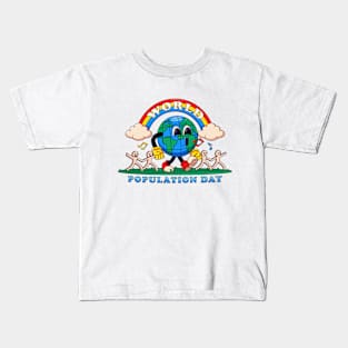 World population day, earth walks happily while holding on to paper humans Kids T-Shirt